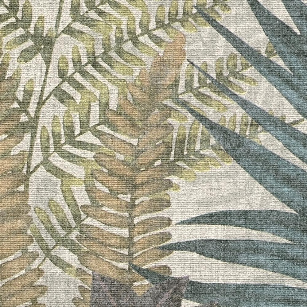             Florale Tapete mit Farnblättern leicht strukturiert, matt – Bunt, Beige, Grün
        