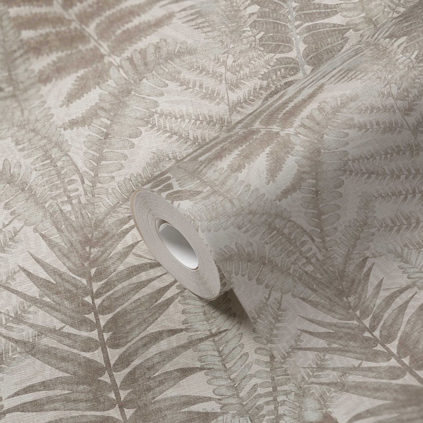             Florale Vliestapete mit Farnblättern leicht strukturiert, matt – Grau, Beige, Taupe
        