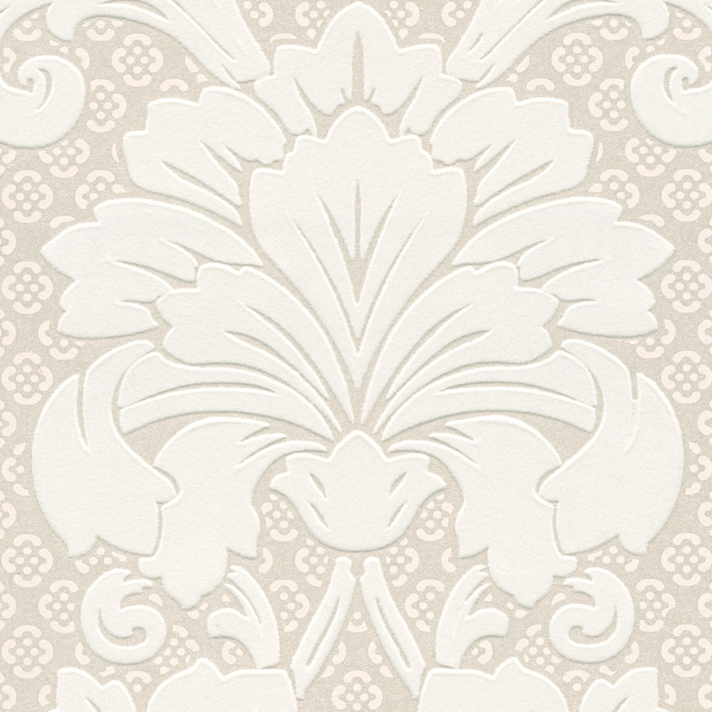             Gemusterte Ornamenttapete mit großem Floralen Motiv – Creme, Bronze
        