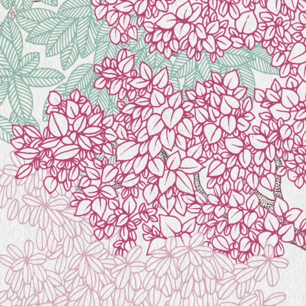             Tapete Wald Design im Zeichenstil mit Baumkronen – Rosa, Blau, Weiß
        