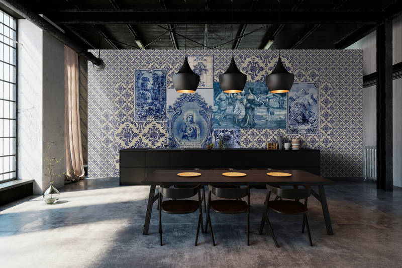             Azulejos 1 - Fototapete Fliesen Collage Retro Stil – Beige, Blau | Premium Glattvlies
        