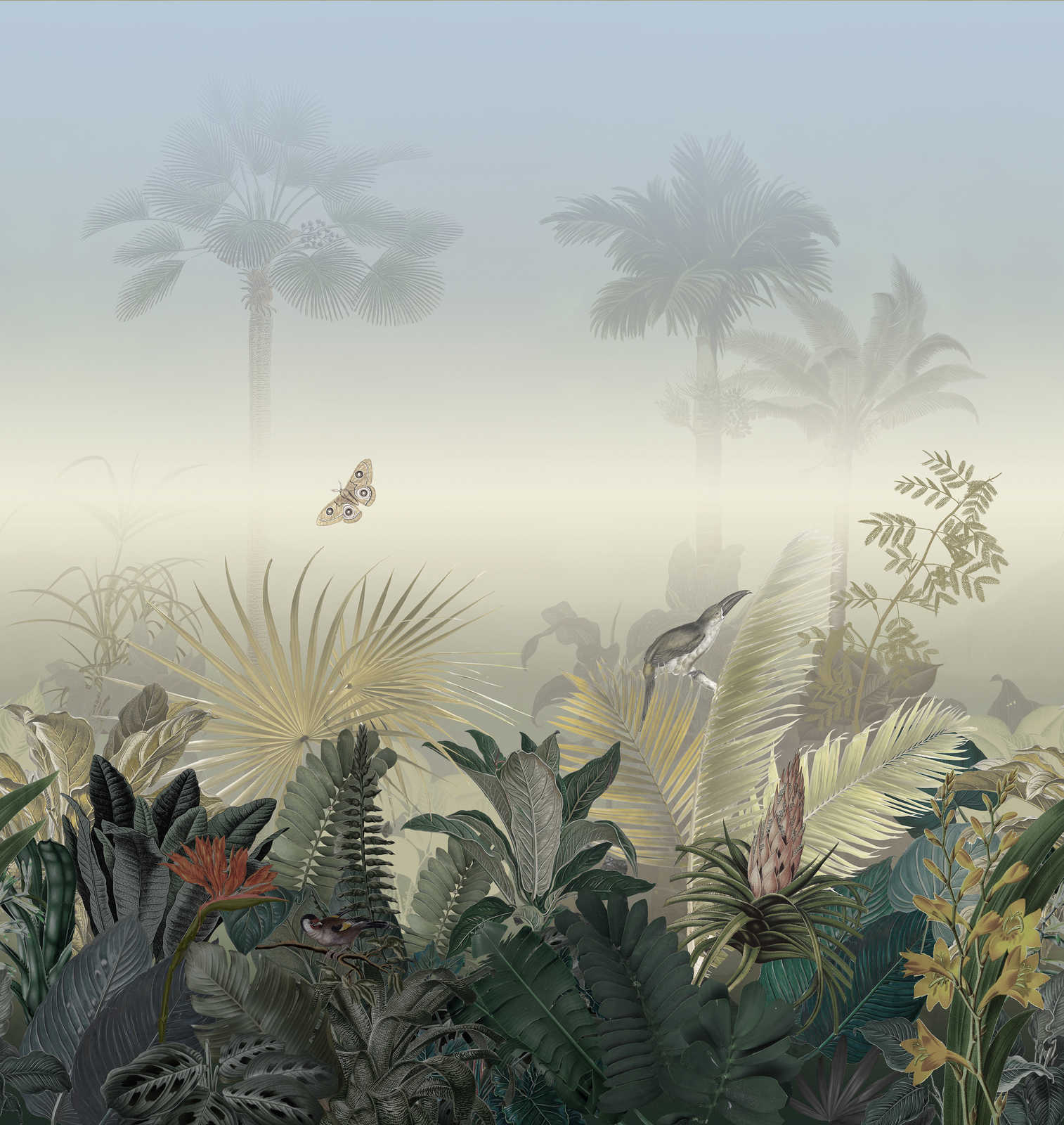             Dschungelmotiv Tapete mit Tieren bei Nebel – Bunt, Blau, Grün
        