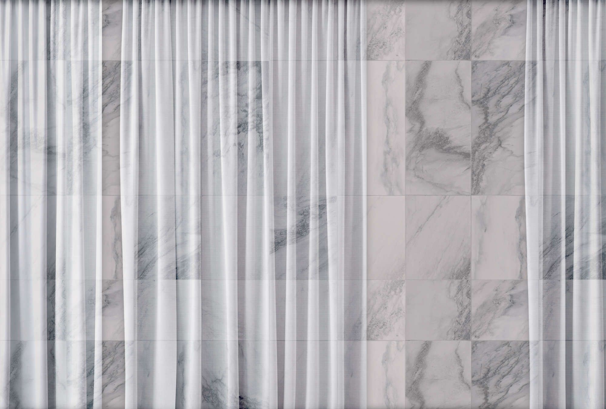             Fototapete »nova 1« - Dezent fallender weißer Vorhang vor Marmorwand – Glattes, leicht perlmutt-schimmerndes Vlies
        