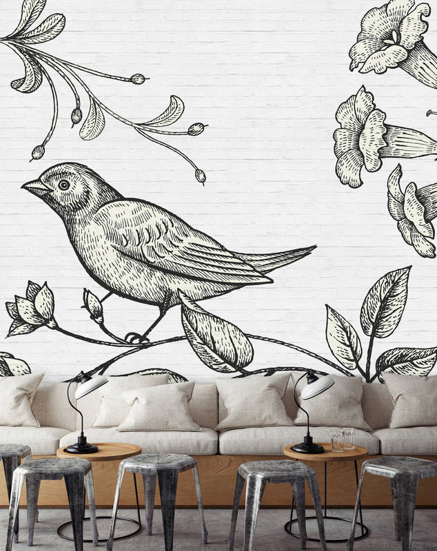             Steinwand Fototapete mit Vogel & Blumen Grafik
        