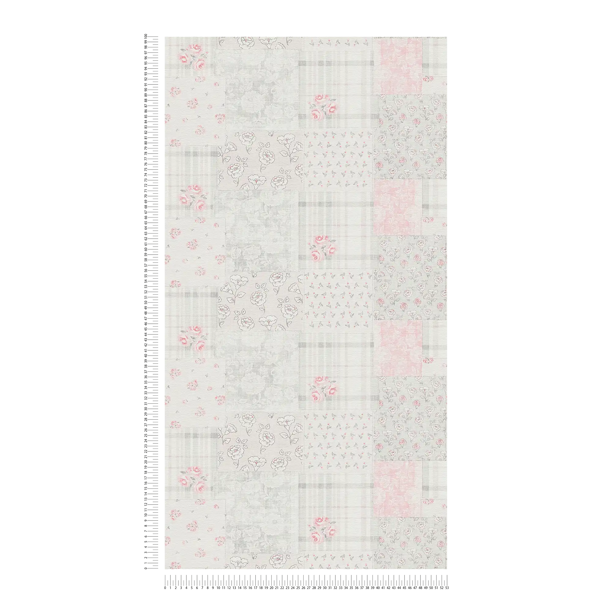             Tapete Landhaus florales und kariertes Muster – Grau, Rot, Weiß
        