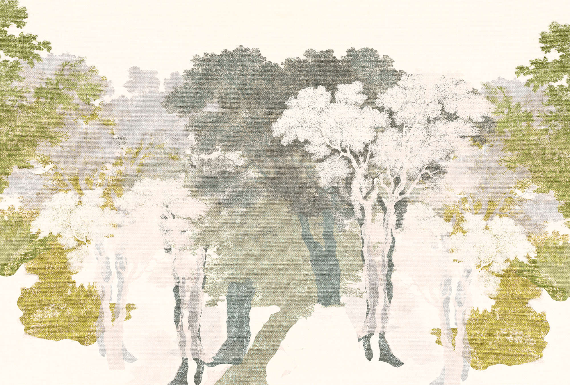             Fototapete Bäume, Wald-Design & Leinenoptik – Grün, Grau, Weiß
        