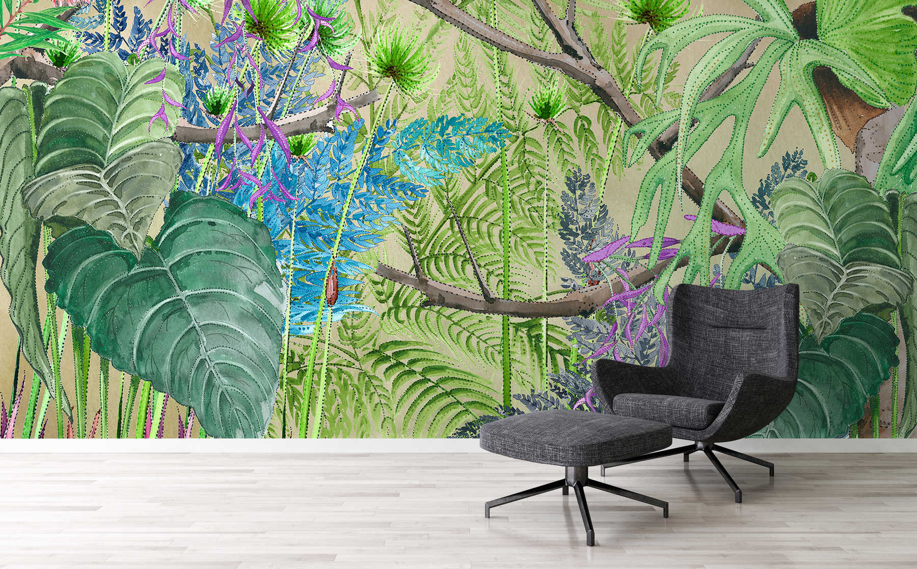             Dschungel Fototapete mit Blumen in Blau und Grün auf Premium Glattvlies
        