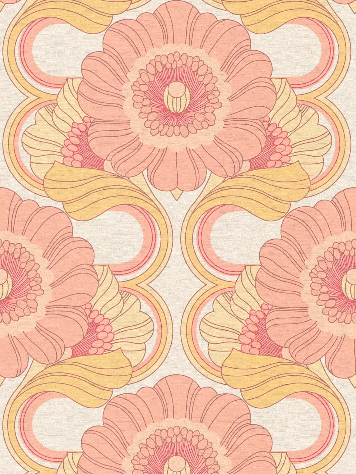         Florale Retro Tapete mit leichter Struktur – Gelb, Rosa, Weiß
    
