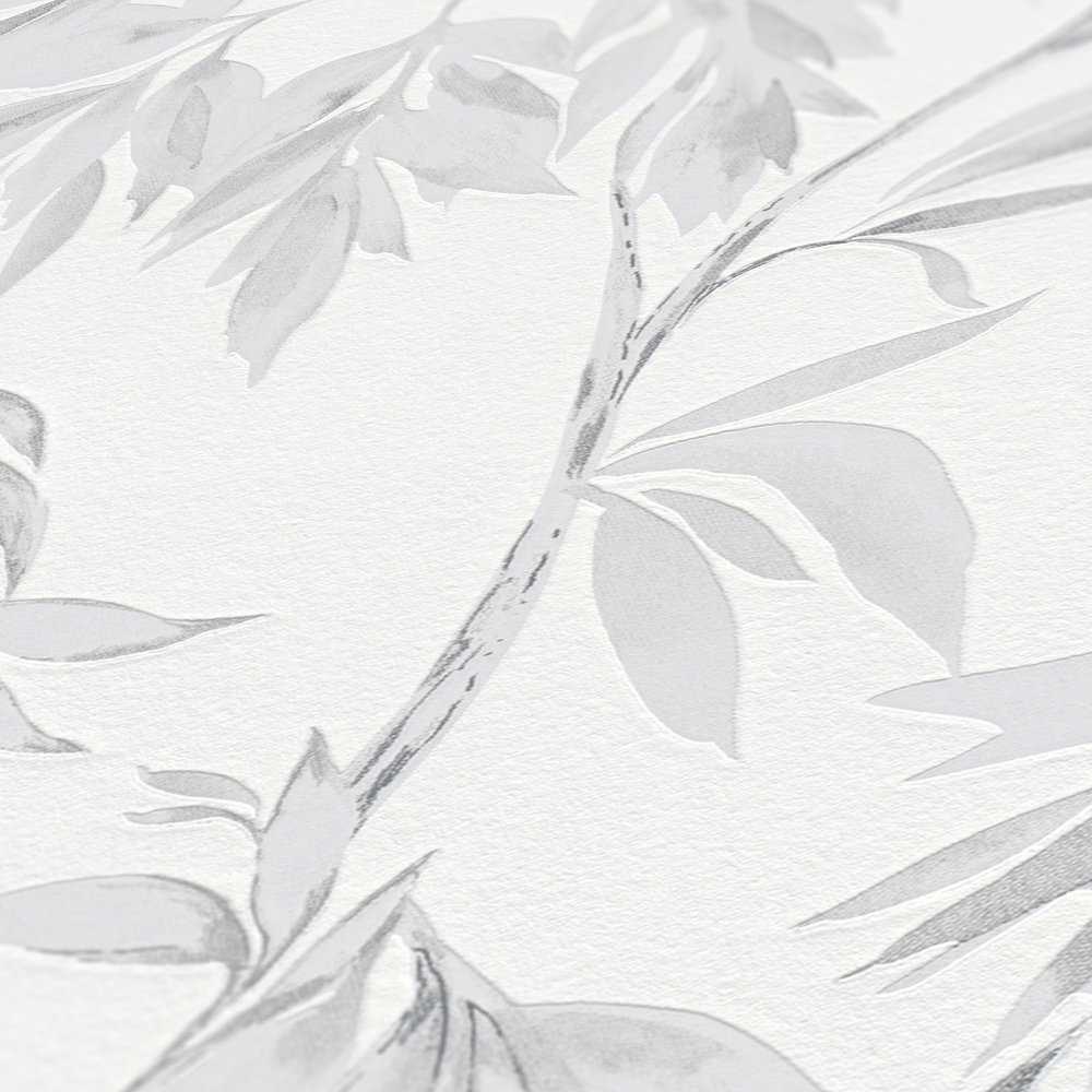             Tapete Blätter Ranken im Aquarell Stil – Grau, Weiß
        