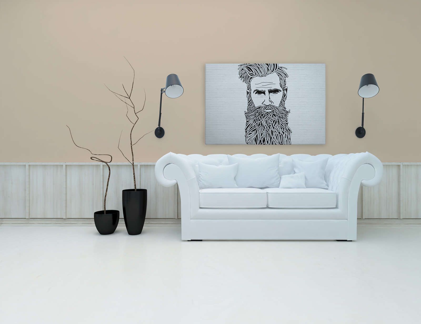             Weißes Leinwandbild Steinoptik mit Männer Portrait im Zeichenstil – 1,20 m x 0,80 m
        