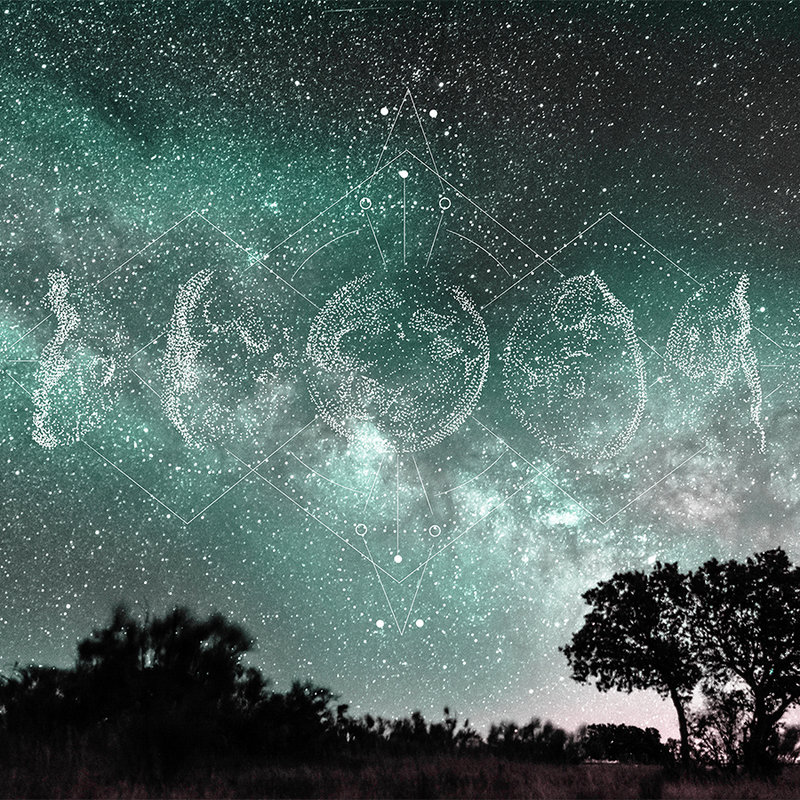         Boho Fototapete Nachthimmel, Sterne & Mondphasen – Grün, Blau, Weiß
    