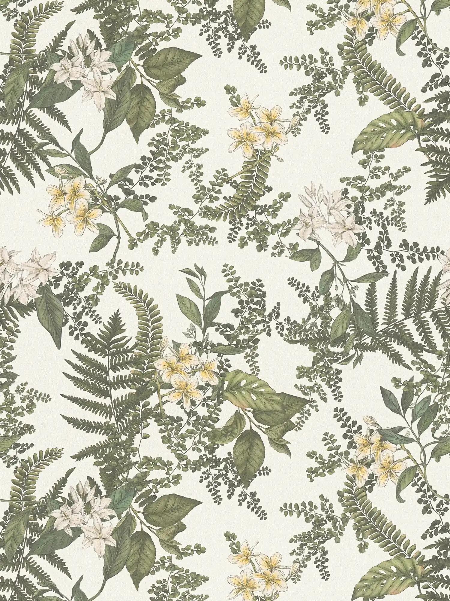 Florale Tapete modern mit Blüten & Gräsern strukturiert matt – Weiß, Dunkelgrün, Gelb
