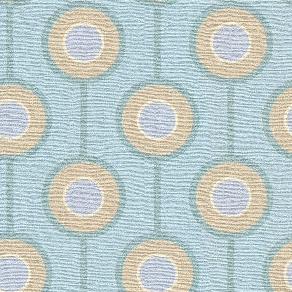             Retro Kreis Muster auf leicht strukturierte Vliestapete – Türkis, Blau, Beige
        