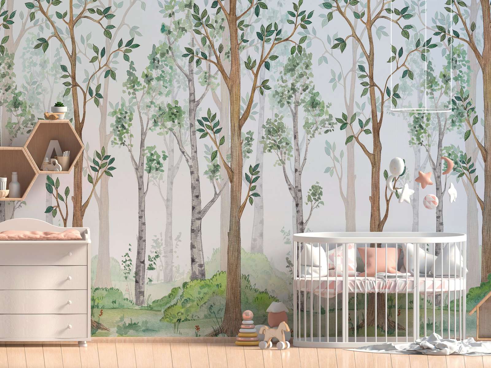             Fototapete mit gemaltem Wald für Kinderzimmer – Grün, Braun, Weiß
        