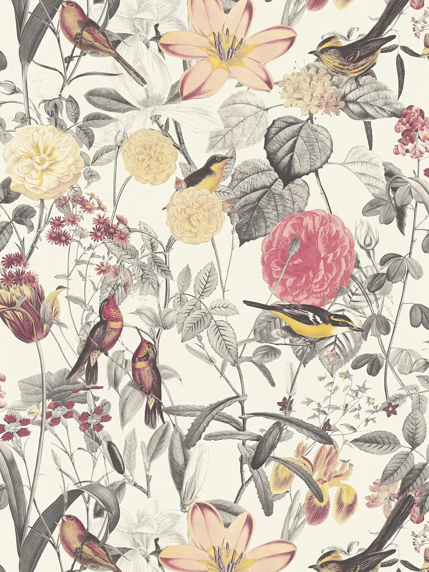        Tapete exotische Blüten & Vogel-Motiv – Rot, Gelb, Grau
    