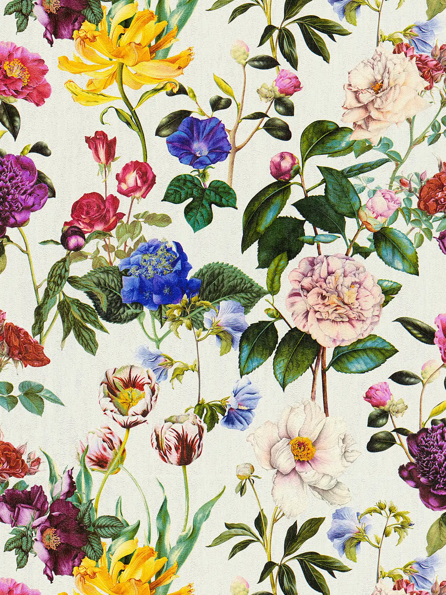 Blüten-Tapete mit Blumen in leuchtenden Farben – Bunt, Grün, Grau
