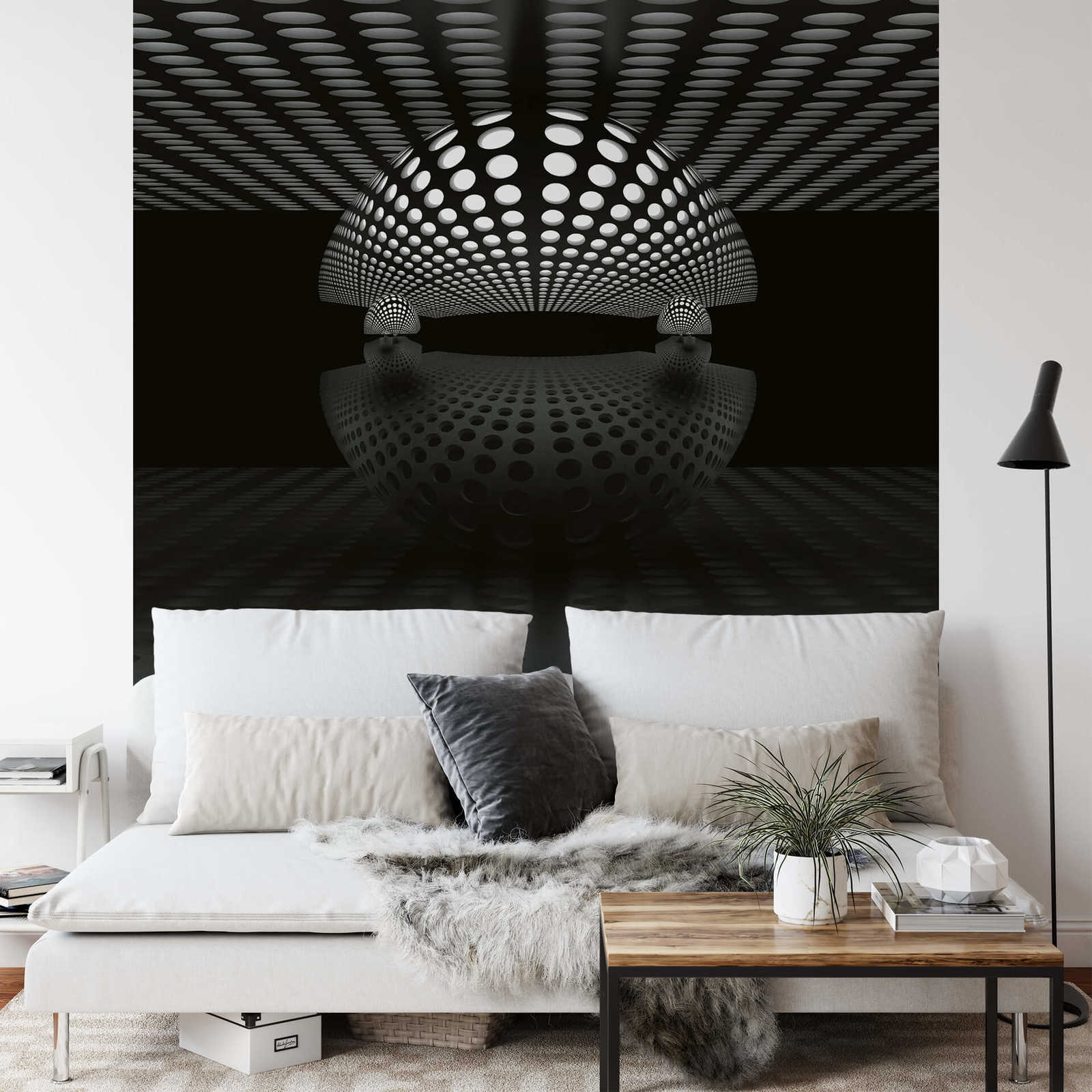             Fototapete abstrakt 3D Kugel – Schwarz, Grau, Weiß
        