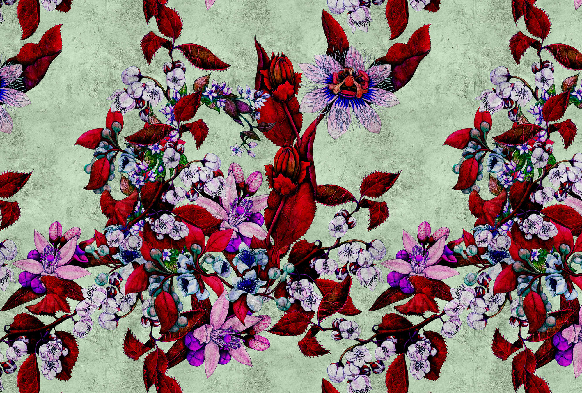             Tropical Passion 3 - Fototapete mit verspieltem Blütendesign- Kratzer Struktur – Grün, Rot | Perlmutt Glattvlies
        