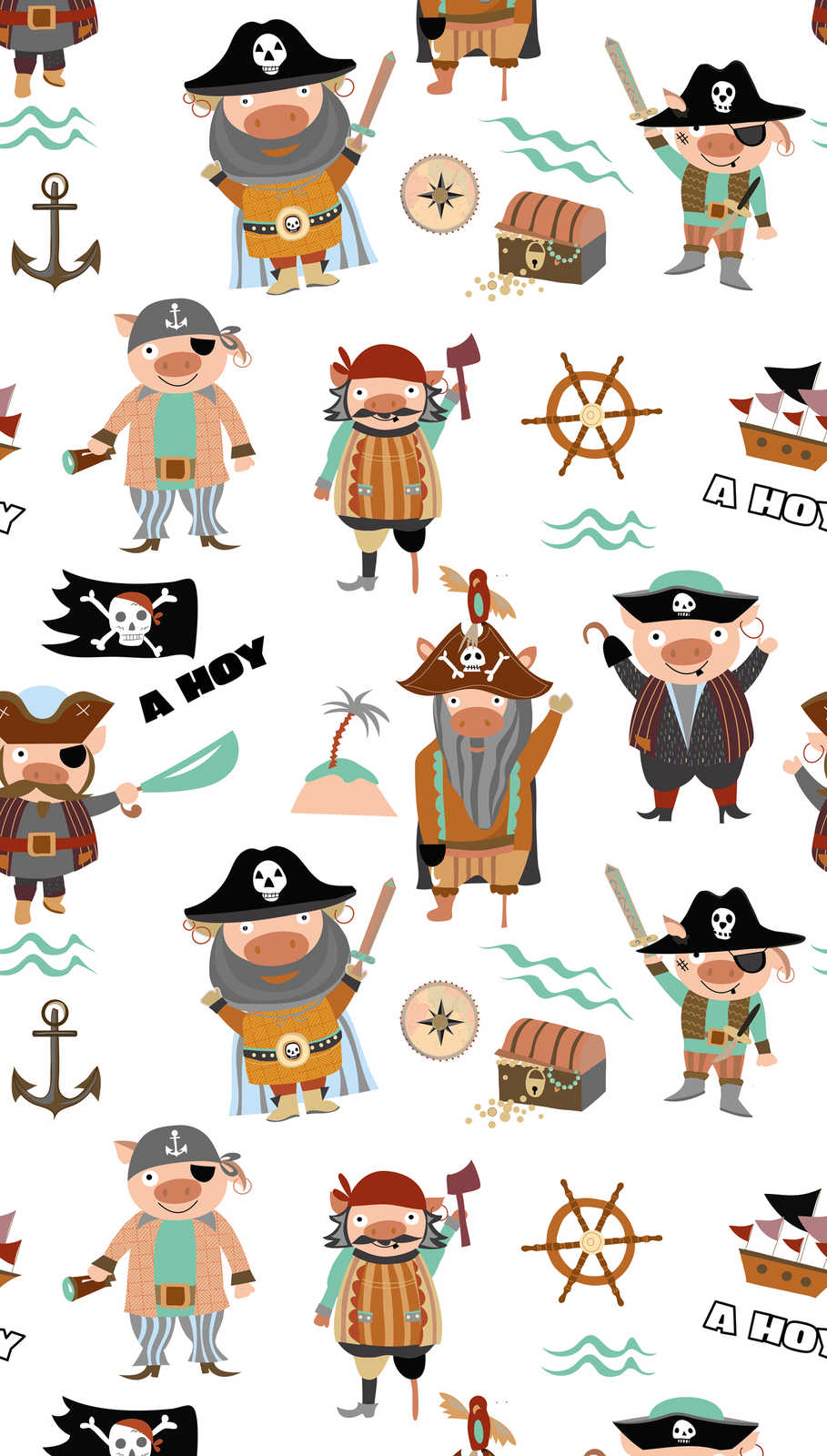             Kinder Tapete mit verschiedenen Piraten und Symbolen – Bunt, Creme, Braun
        