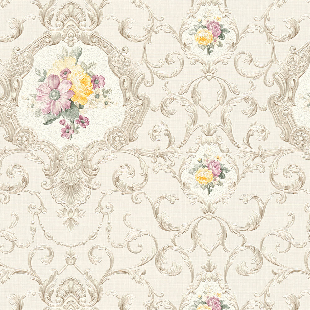             Tapete Neobarock florales Ornament-Muster – Bunt, Creme
        