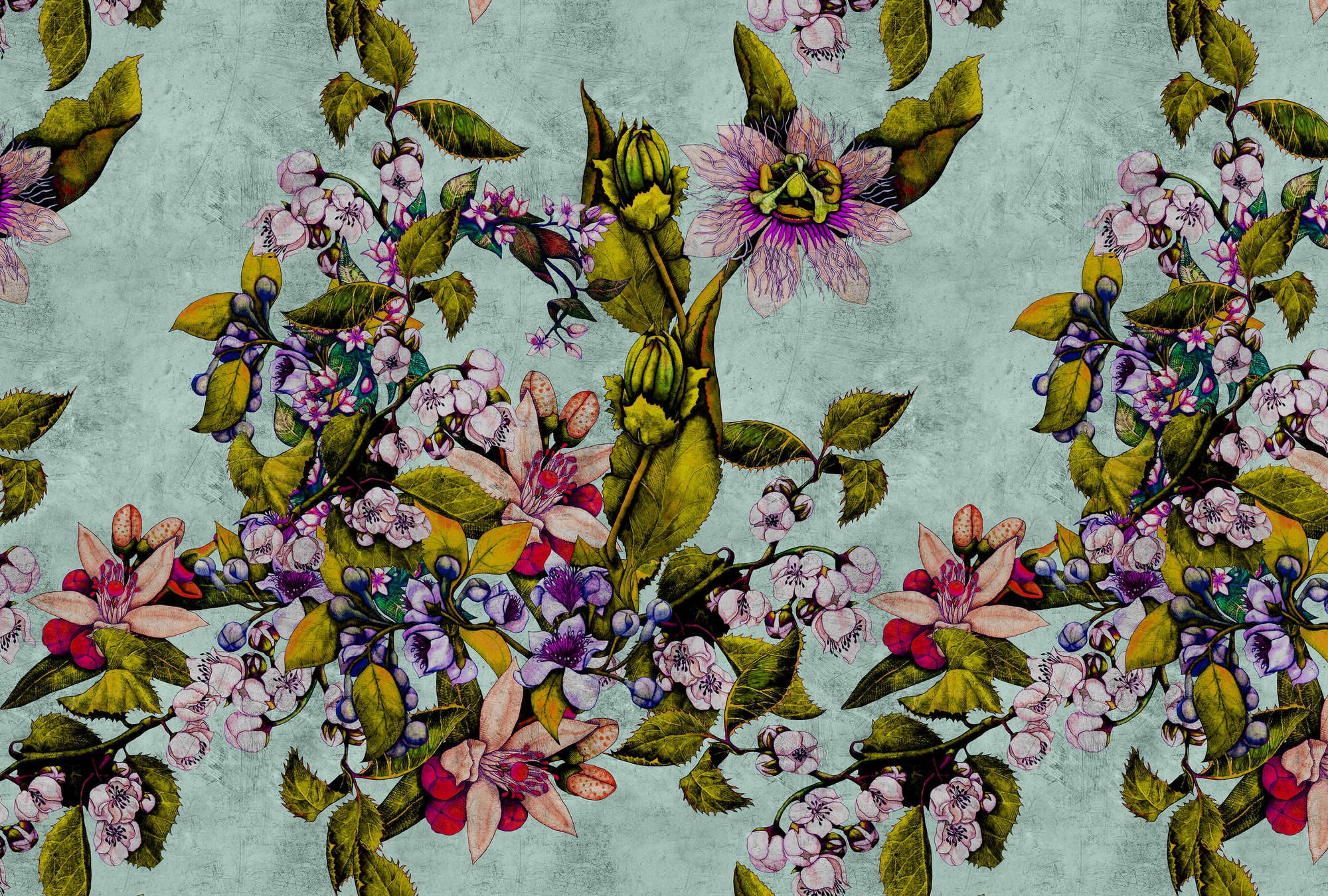             Tropical Passion 2 - Fototapete in kratzer Struktur mit Blüten und Knospen – Grün | Perlmutt Glattvlies
        