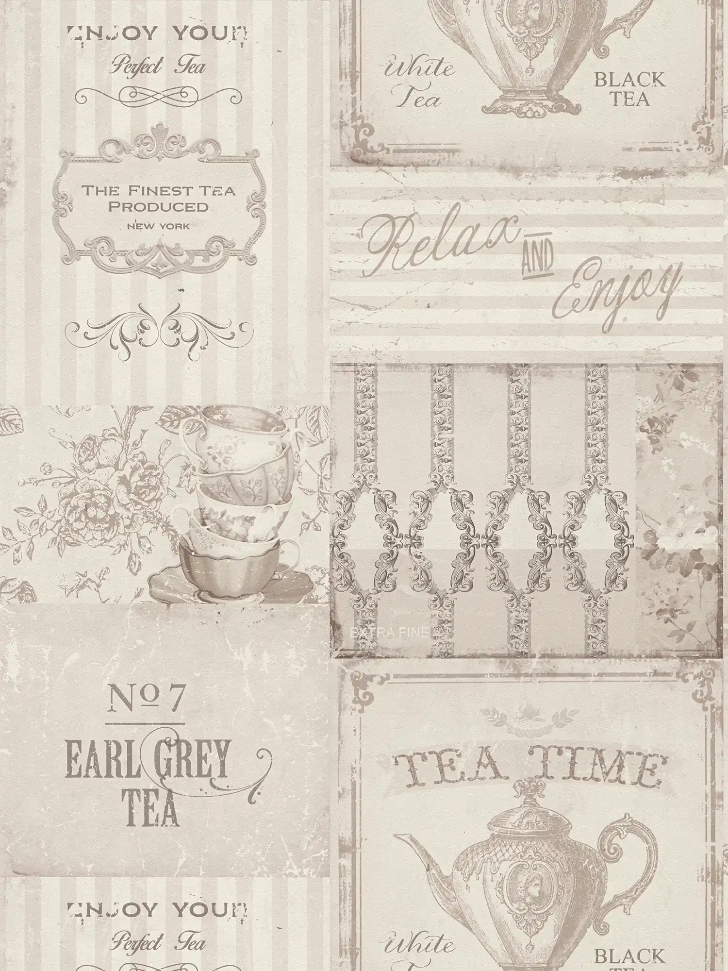 Mustertapete Tea Time Collage im Landhaus Stil – Grau
