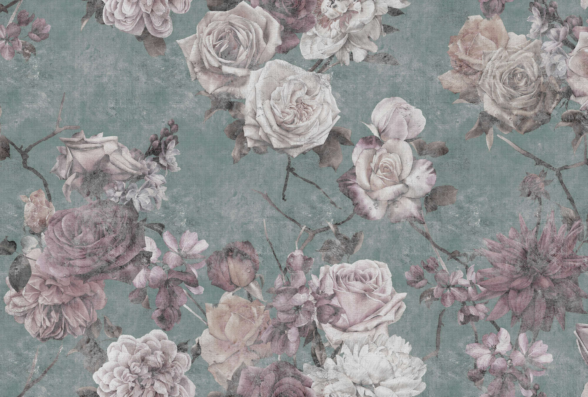             Sleeping Beauty 2 - Fototapete Rosenblüten im Vintage Stil- Naturleinen Struktur – Rosa, Türkis | Premium Glattvlies
        
