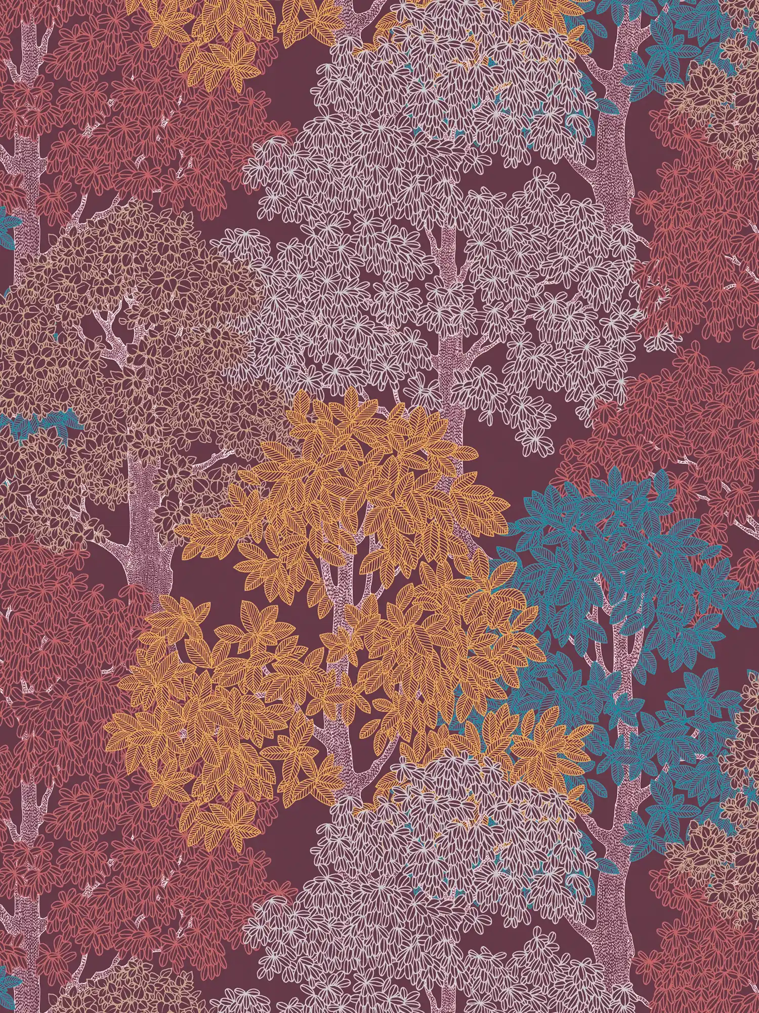             Tapete Weinrot mit Wald Muster & Bäumen im Zeichenstil – Lila, Rot, Gelb
        