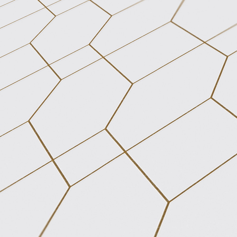             Selbstklebende Tapete | Geometrisches Linienmuster in Gold – Weiß, Metallic
        