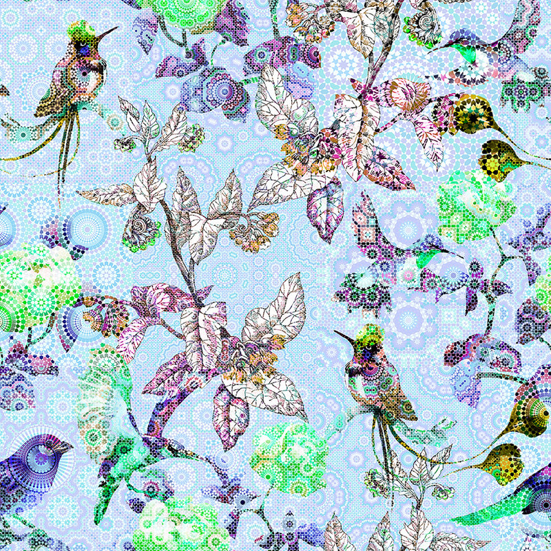         Fototapete Blumen & Vögel im Mosaik Stil – Blau, Grün
    