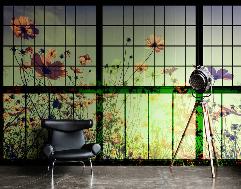             Meadow 2 - Sprossenfenster Fototapete mit Blumenwiese – Grün, Rosa | Mattes Glattvlies
        
