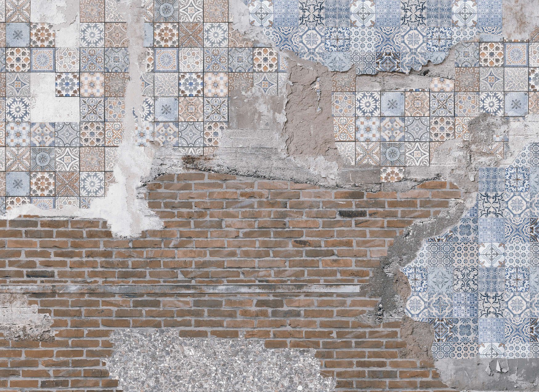             Fototapete Backsteinmauer mit verputzten Mosaiksteinen – Braun, Blau, Grau
        