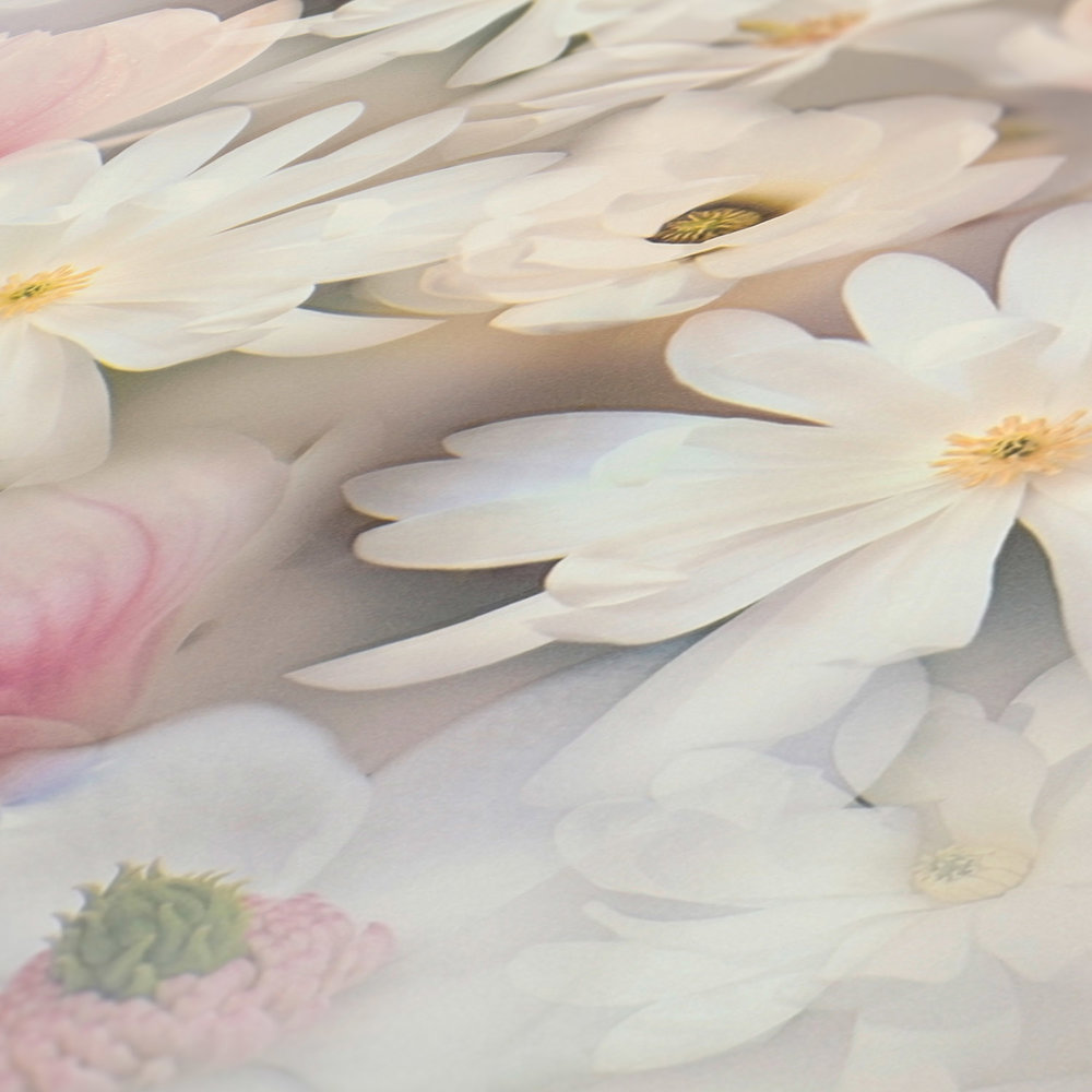             Tapete Blumen Collage in hellen Farben – Weiß, Rosa
        