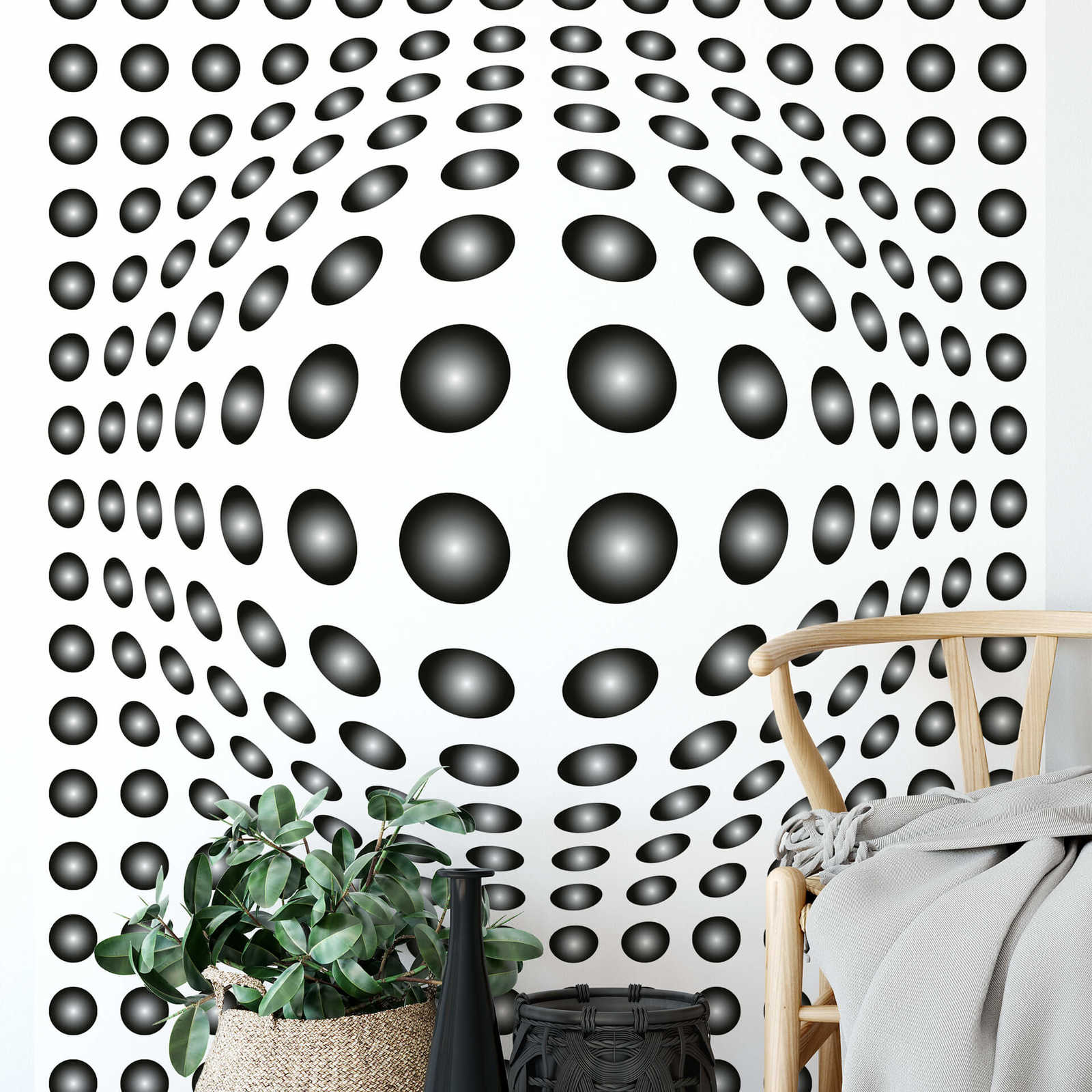             Schwarz-Weiß Fototapete mit 3D Punkt-Muster, Hochformat
        