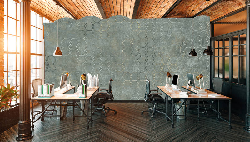             Fototapete Betonoptik Hexagon-Design & Industrial Look – Grau, Weiß, Gold
        