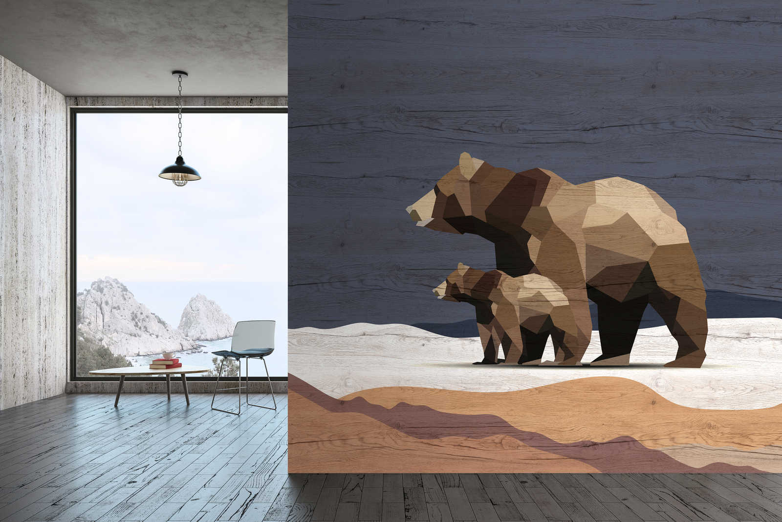             Yukon 3 – Fototapete Bären Familie im Facetten Design & Holzoptik
        