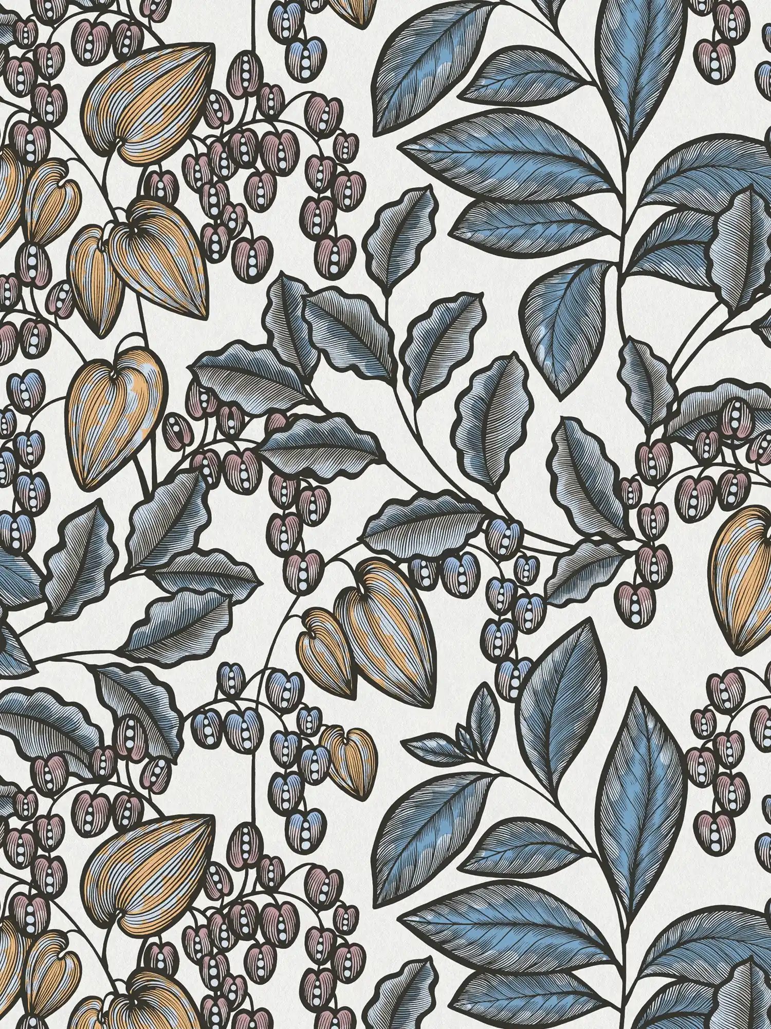 Moderne Tapete Blätter Muster im Retro Look – Blau, Weiß, Gelb
