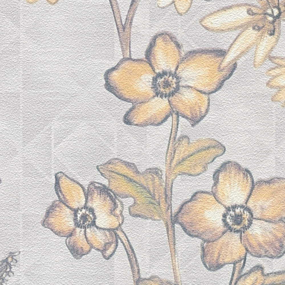             Vliestapete mit floralem Vintagedesign – Hellgrau, Orange, Gelb
        