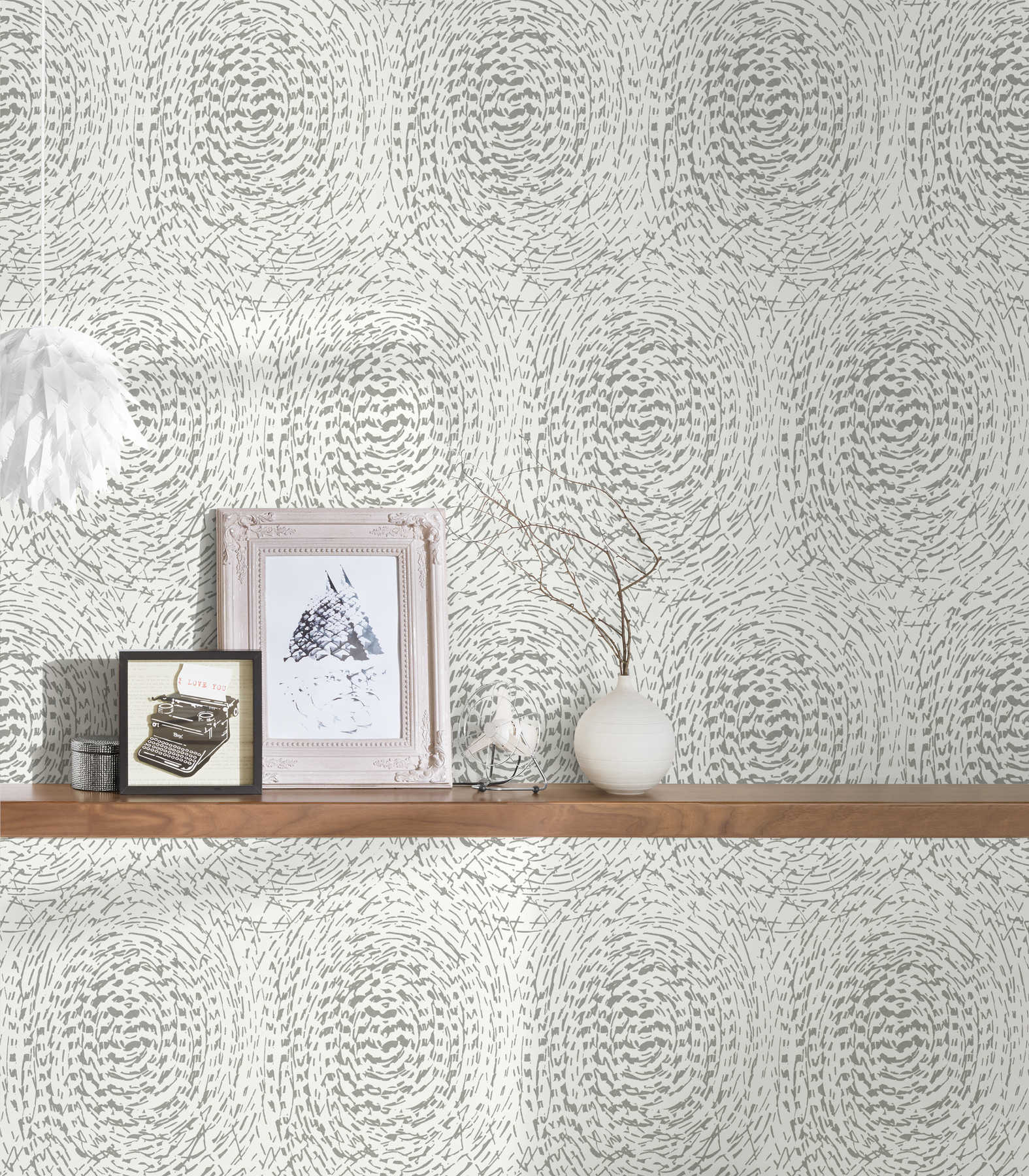             Tapete Ethno Design mit Metallic Farbe & Strukturdesign – Silber, Weiß
        