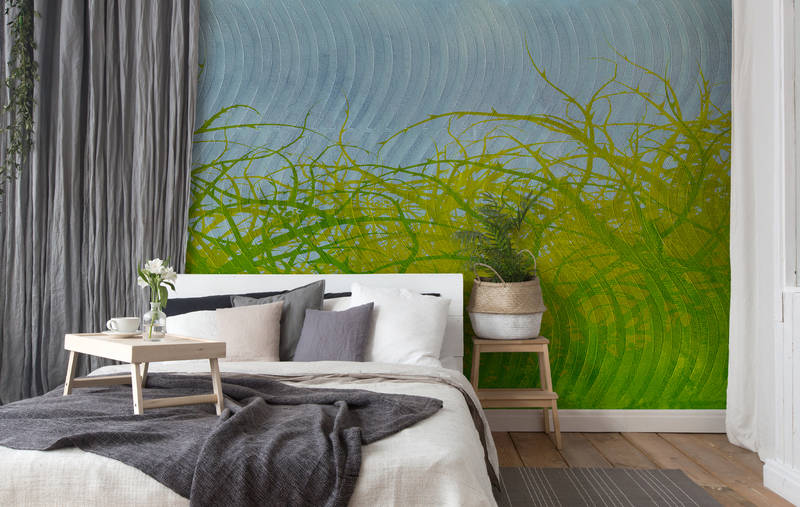             Fototapete abstraktes Ast-Motiv für Jugendzimmer – Grün, Gelb, Blau
        