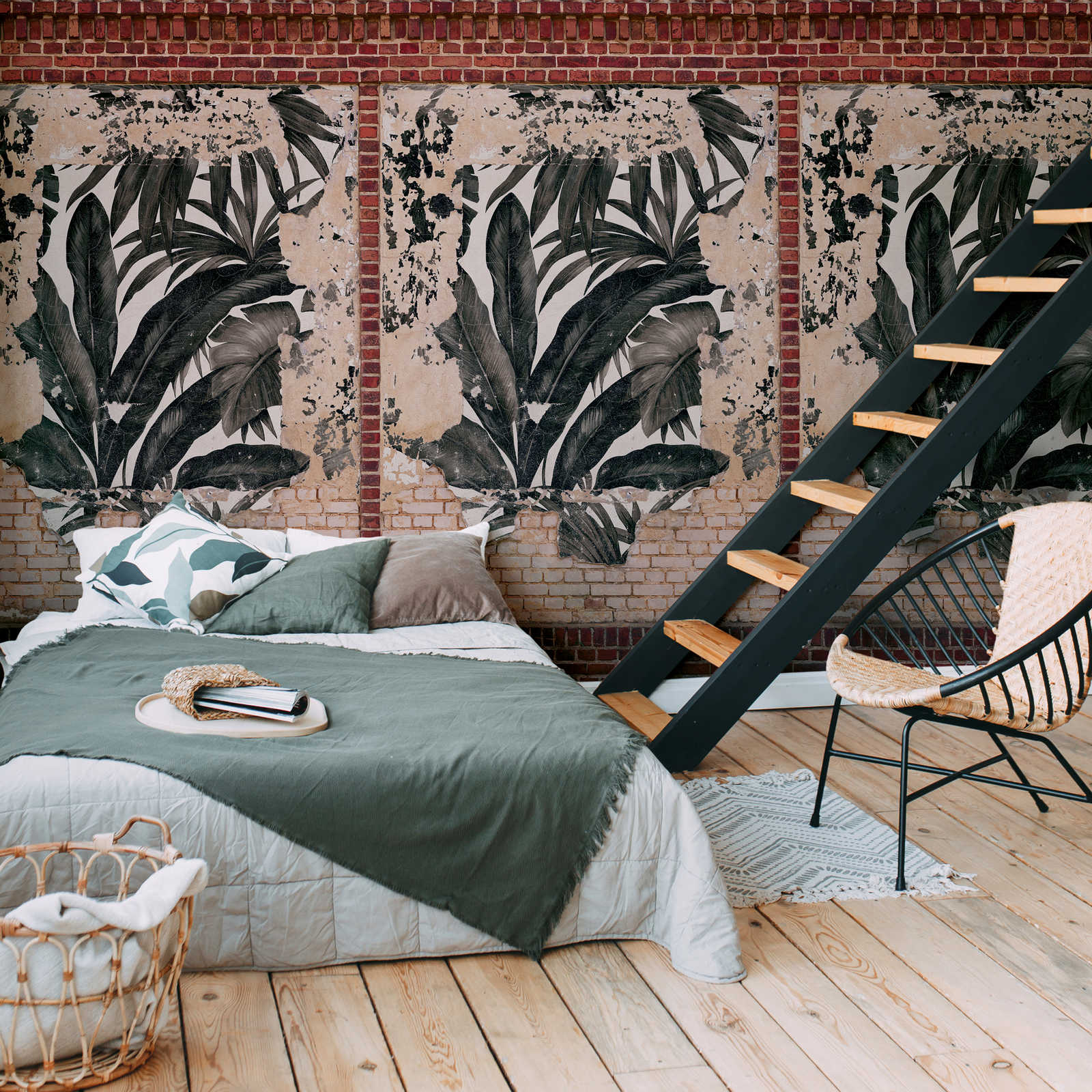 Ziegelsteinwand Tapete mit Palmenblättern im Used Look – Braun, Beige, Rot
