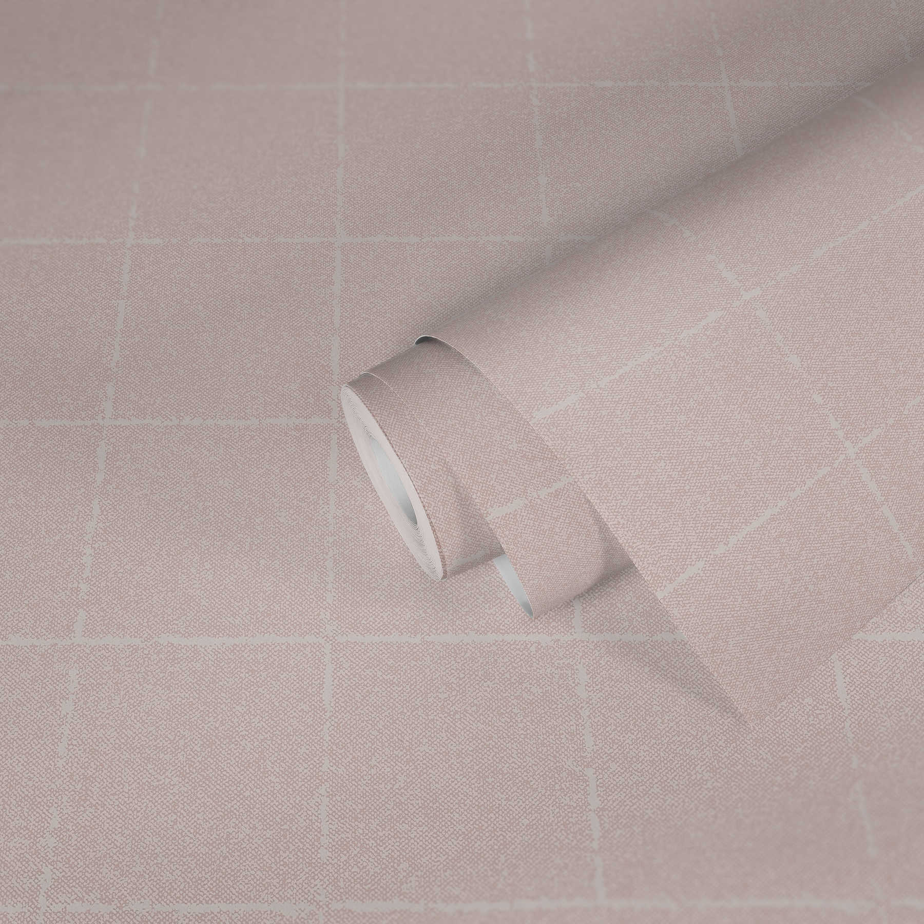             Karierte Tapete im Textil-Optik, strukturiert – Rosa, Weiß, Creme
        