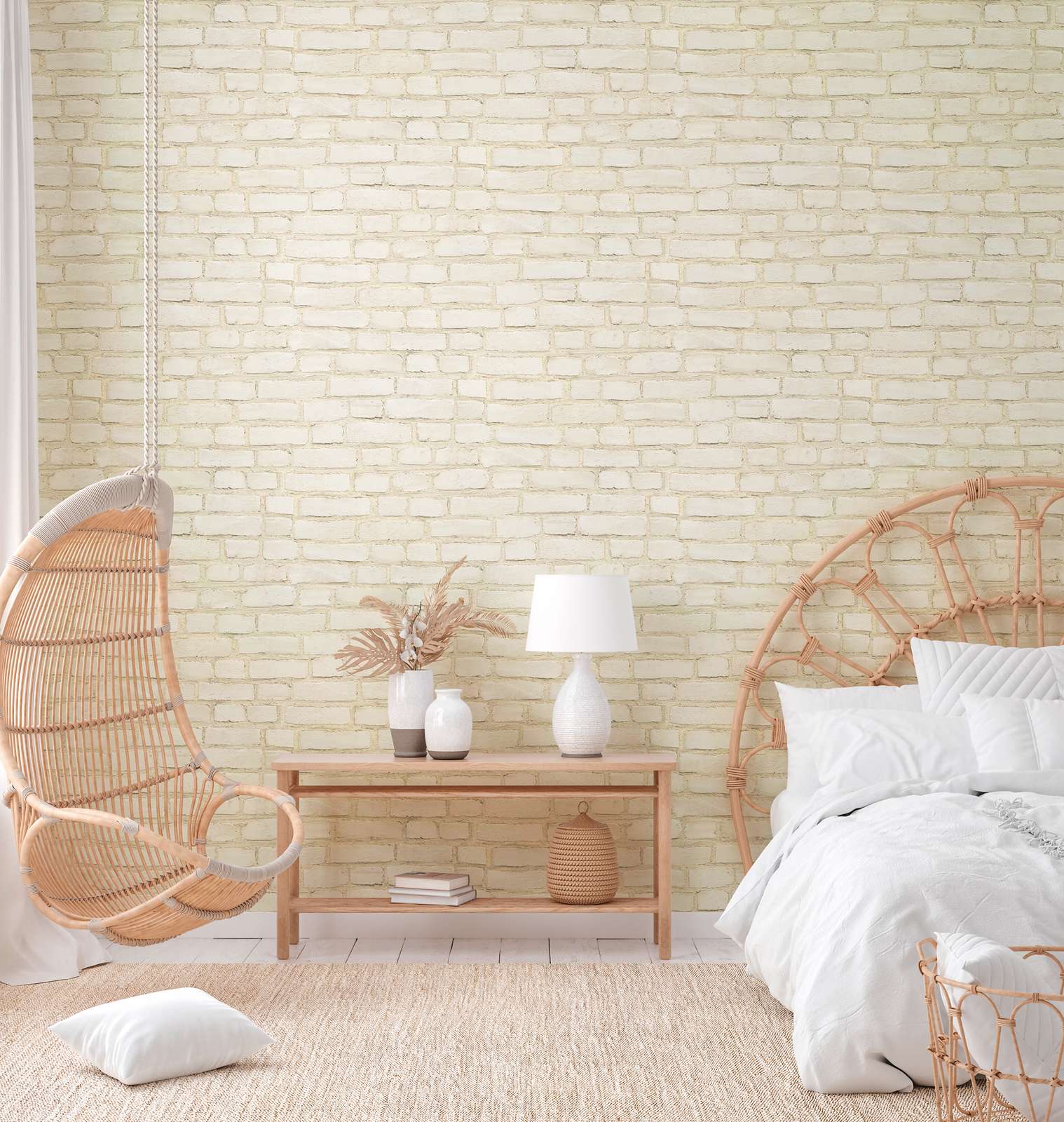             Maueroptik-Tapete Backsteinwand gestrichen & rustikal – Grau, Weiß
        