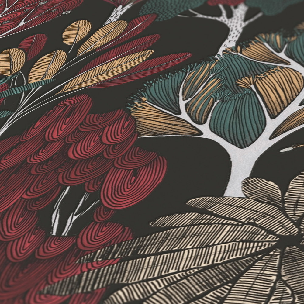             Tapete Bäume & Blätter im Zeichenstil – Schwarz, Grün, Rot
        