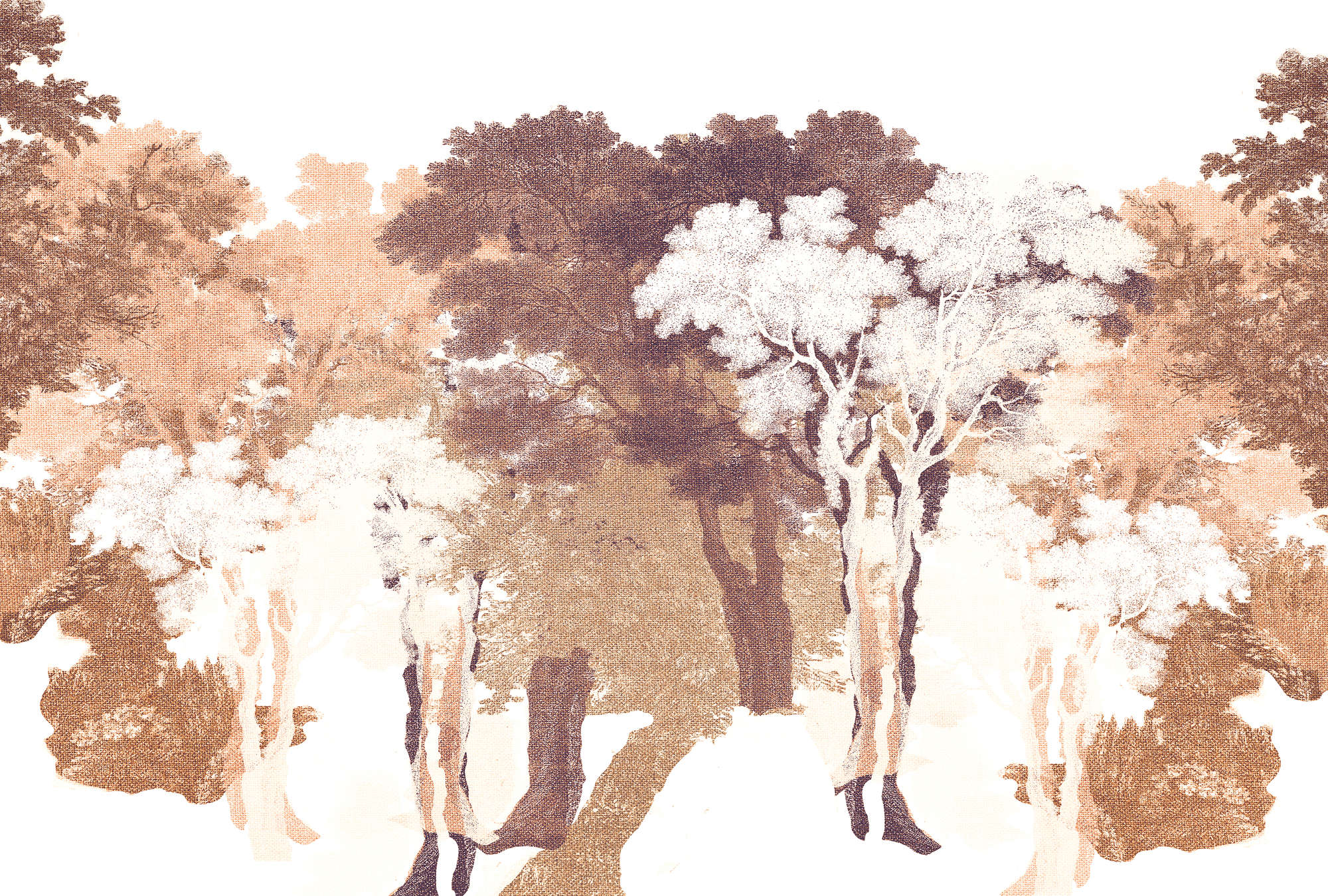             Fototapete Bäume, Textil-Look & Waldlandschaft – Orange, Weiß, Grau
        