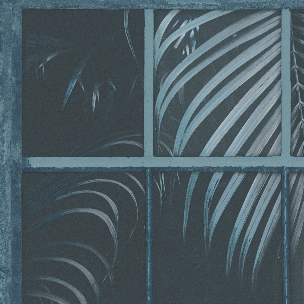             Tapete Fenster mit Dschungel-Aussicht & 3D-Effekt – Blau, Schwarz
        
