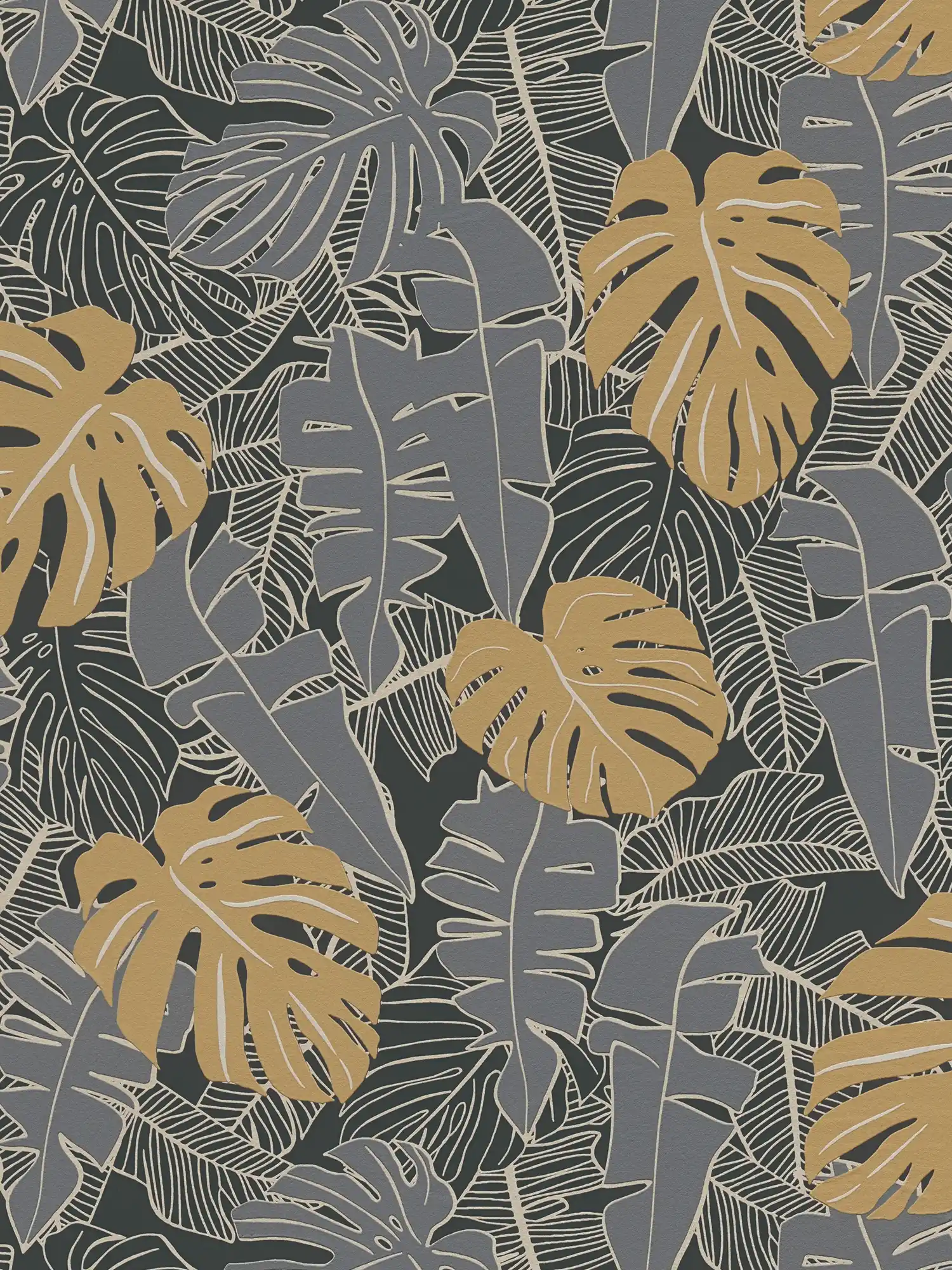 Dschungeltapete mit Bananenblättern & Metallic-Optik – Schwarz, Gold, Grau
