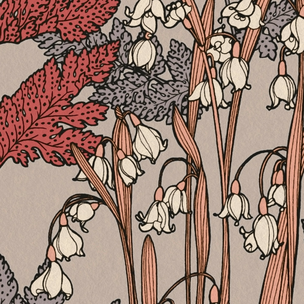             Beige Blumentapete mit Blätter & Blüten Zeichnung – Beige, Grau, Rot
        