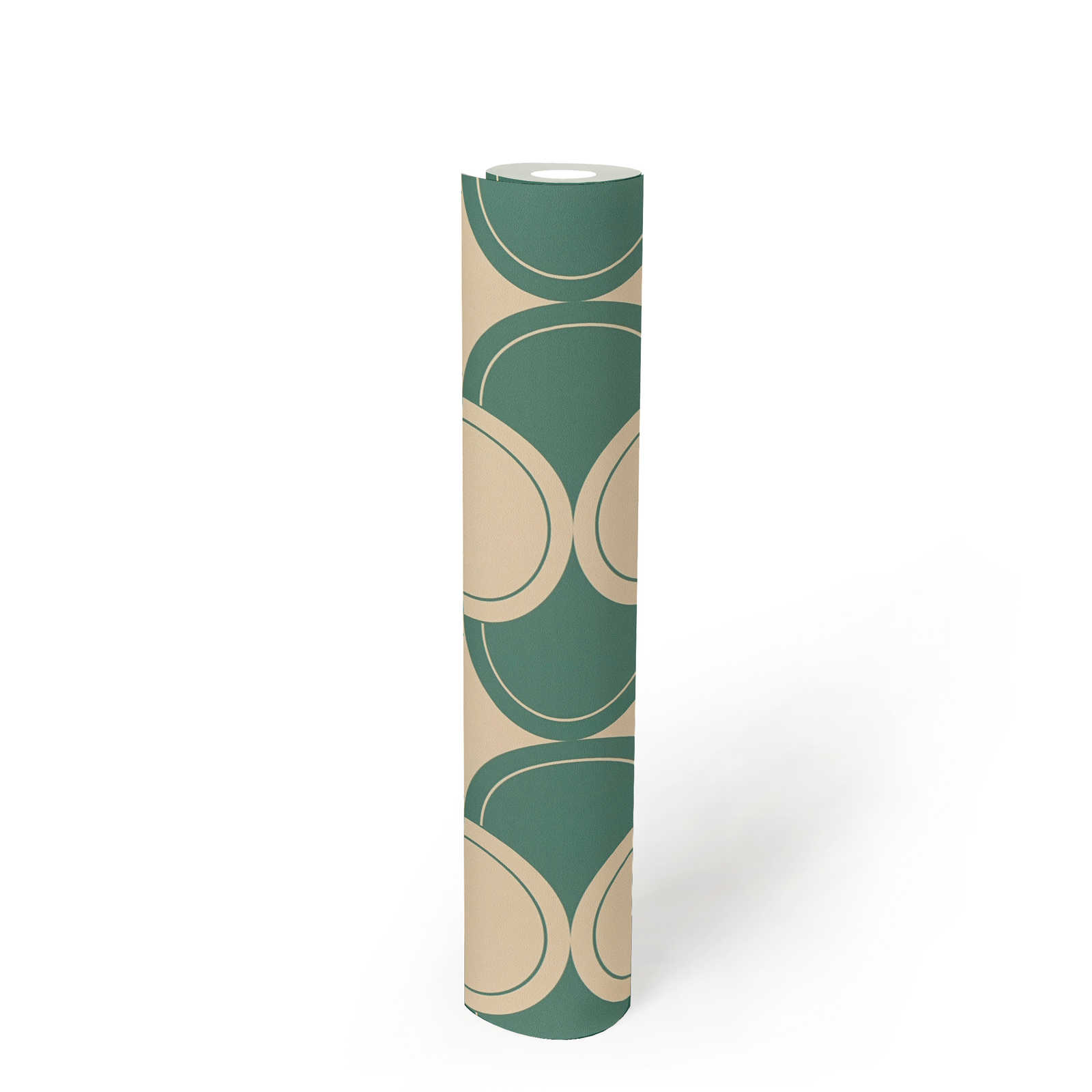             Vliestapete mit Halbkreismuster im 70er Jahre Stil – Grün, Beige
        