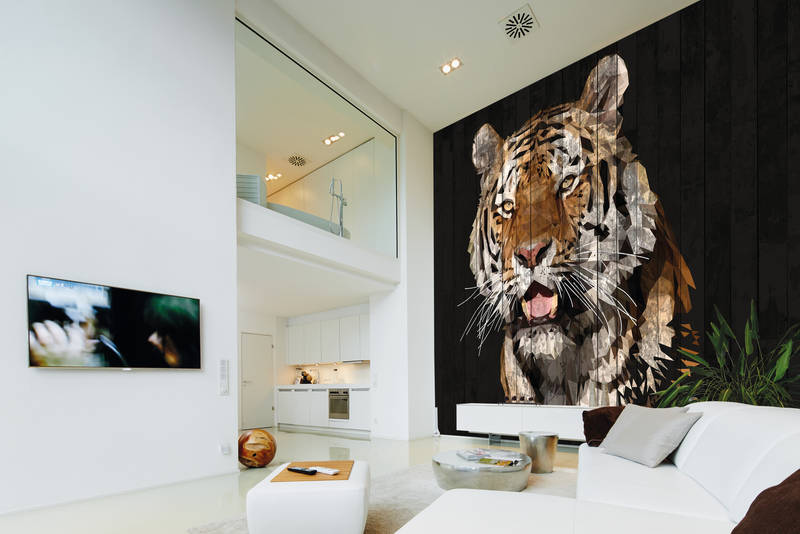             Fototapete Tiger mit Holzoptik & Polygon Stil – Braun, Weiß, Schwarz
        